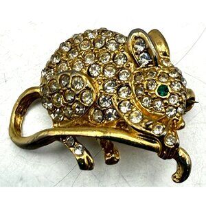 Vintage Rhinestone Mouse Brooch Gold Tone Crystal Animal Pin